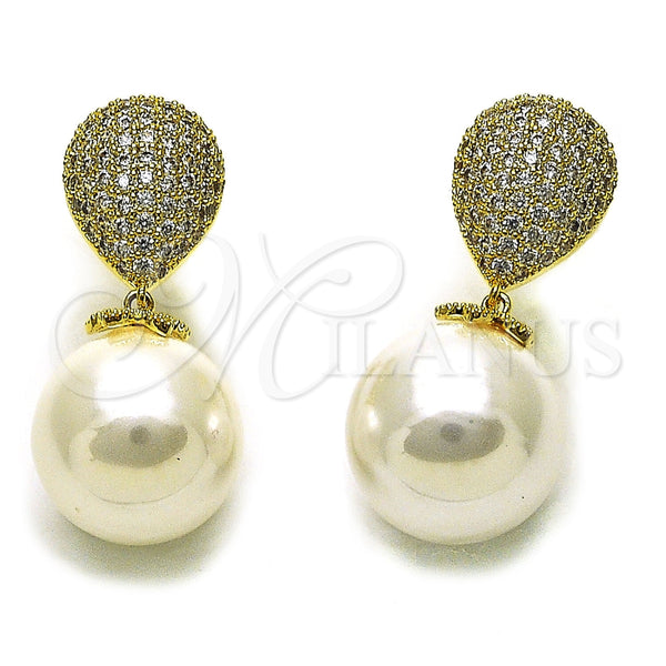 Arete Largo 02.436.0060 Oro Laminado, Diseño de Bola y Gota, con Zirconia Cubica Blanca y Perla Marfil, Pulido, Tono Dorado
