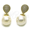 Arete Largo 02.436.0060 Oro Laminado, Diseño de Bola y Gota, con Zirconia Cubica Blanca y Perla Marfil, Pulido, Tono Dorado