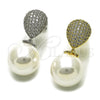 Arete Largo 02.436.0060 Oro Laminado, Diseño de Bola y Gota, con Zirconia Cubica Blanca y Perla Marfil, Pulido, Tono Dorado