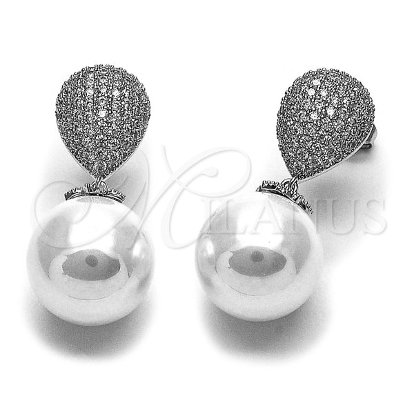 Arete Largo 02.436.0060.1 Rodio Laminado, Diseño de Bola y Gota, con Zirconia Cubica Blanca y Perla Marfil, Pulido, Rodinado