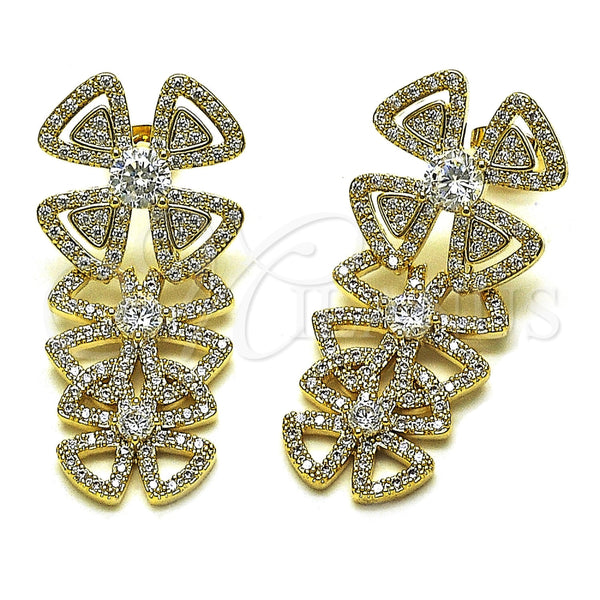 Arete Largo 02.436.0061 Oro Laminado, Diseño de Flor, con Zirconia Cubica Blanca, Pulido, Tono Dorado