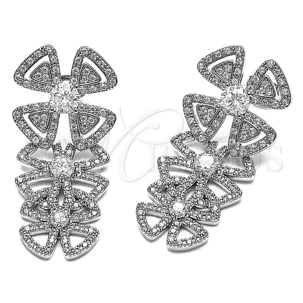 Arete Largo 02.436.0061.1 Rodio Laminado, Diseño de Flor, con Zirconia Cubica Blanca, Pulido, Rodinado