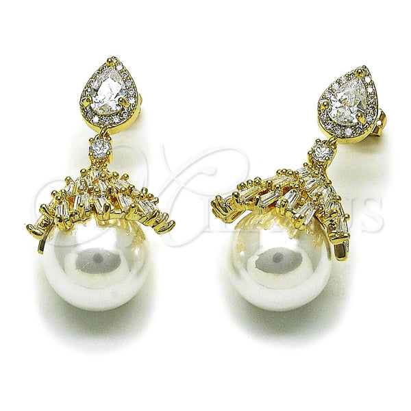 Arete Largo 02.436.0062 Rodio Laminado, Diseño de Bola y Baguette, con Zirconia Cubica Blanca y Perla Marfil, Pulido, Rodinado