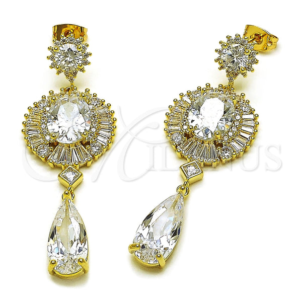 Arete Largo 02.436.0064 Oro Laminado, Diseño de Baguette y Cluster, con Zirconia Cubica Blanca, Pulido, Tono Dorado