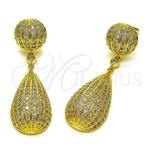 Arete Largo 02.436.0066 Oro Laminado, Diseño de Bola y Gota, con Zirconia Cubica Blanca, Pulido, Tono Dorado