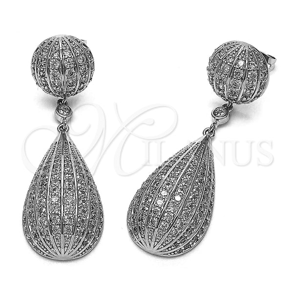 Arete Largo 02.436.0066.1 Rodio Laminado, Diseño de Bola y Gota, con Zirconia Cubica Blanca, Pulido, Rodinado