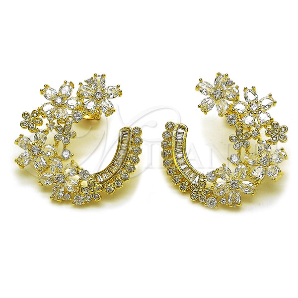 Arete Dormilona 02.436.0067 Oro Laminado, Diseño de Flor y Baguette, con Zirconia Cubica Blanca y Micro Pave Blanca, Pulido, Tono Dorado
