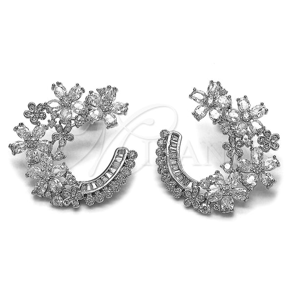 Arete Dormilona 02.436.0067.1 Rodio Laminado, Diseño de Flor y Baguette, con Zirconia Cubica Blanca y Micro Pave Blanca, Pulido, Rodinado