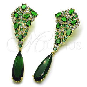 Arete Largo 02.436.0072 Oro Laminado, Diseño de Gota, con Zirconia Cubica Verde y Blanca, Pulido, Tono Dorado