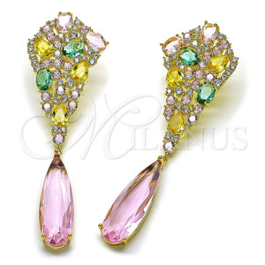 Arete Largo 02.436.0072.1 Oro Laminado, Diseño de Gota, con Zirconia Cubica Multicolor y Rosado, Pulido, Tono Dorado