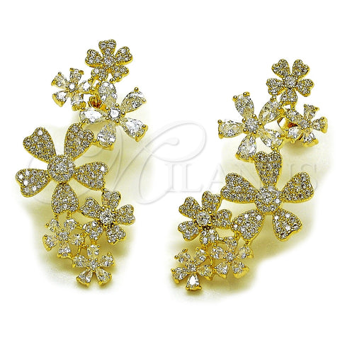 Arete Dormilona 02.436.0074 Oro Laminado, Diseño de Flor, con Zirconia Cubica Blanca y Micro Pave Blanca, Pulido, Tono Dorado