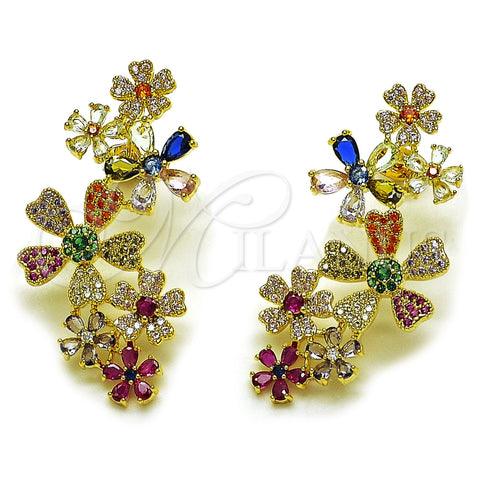 Arete Dormilona 02.436.0074.1 Oro Laminado, Diseño de Flor, con Zirconia Cubica Multicolor y Micro Pave Multicolor, Pulido, Tono Dorado