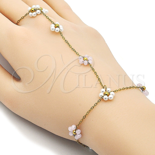 Pulsera Elegante 03.437.0004.07 Acero Inoxidable, Diseño de Flor y Rolo, con Perla Marfil y Cristal Rosado, Pulido, Tono Dorado (Grosor 09.3 MM, 7 Pulgadas de Largo)