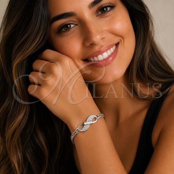 Pulsera Elegante 03.283.0191.1.07 Rodio Laminado, Diseño de Infinito y Miami Cubana, con Zirconia Cubica Blanca, Pulido, Rodinado (Grosor 05 MM, 8 Pulgadas de Largo)