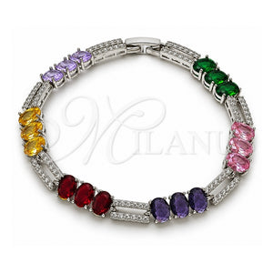 Pulsera Tennis 03.130.0049.1.07 Oro Laminado Blanco, con Zirconia Cubica Multicolor y Blanca, Pulido, Rodinado (Grosor 07.1 MM, 7 Pulgadas de Largo)