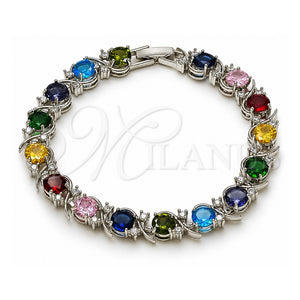 Pulsera Tennis 03.130.0032.7.07 Oro Laminado Blanco, con Zirconia Cubica Multicolor y Blanca, Pulido, Rodinado (Grosor 08 MM, 7 Pulgadas de Largo)