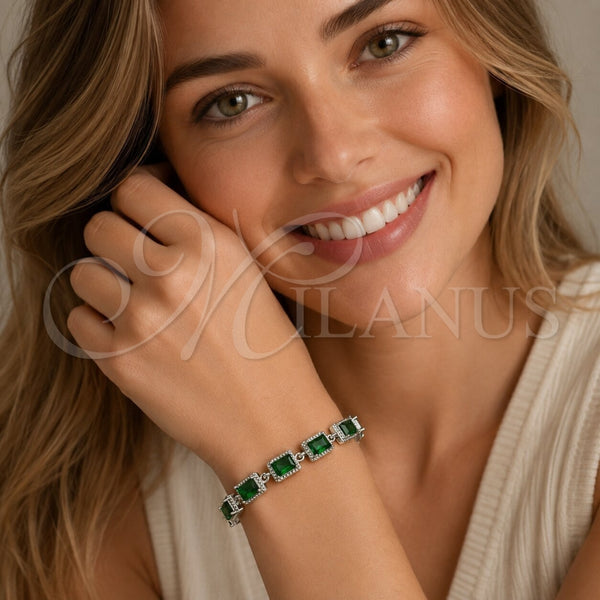 Pulsera Tennis 03.130.0051.07 Rodio Laminado, con Zirconia Cubica Verde, Pulido, Rodinado (Grosor 07.5 MM, 7 Pulgadas de Largo)