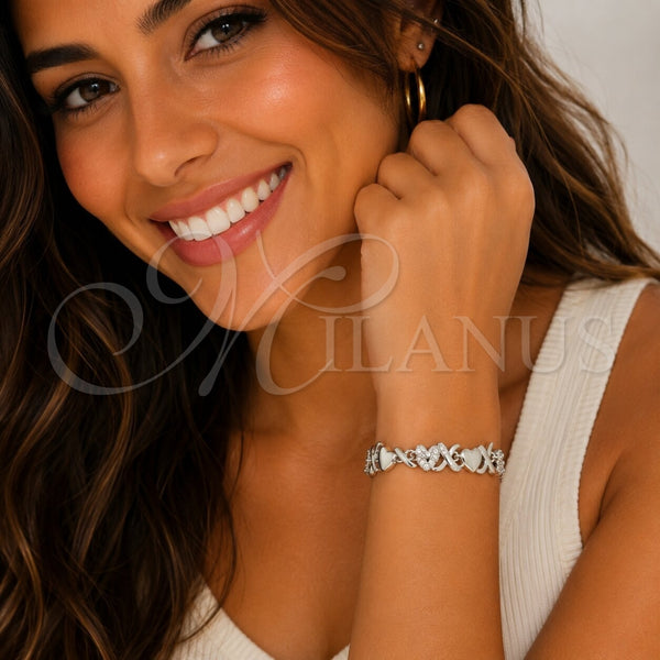 Pulsera Tennis 03.283.0265.1.07 Rodio Laminado, Diseño de Besos y Abrazos y Corazón, con Zirconia Cubica Blanca, Pulido, Rodinado (Grosor 07.6 MM, 8 Pulgadas de Largo)