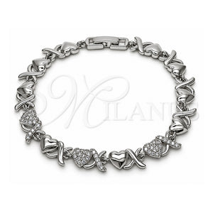 Pulsera Tennis 03.283.0265.1.07 Oro Laminado Blanco, Diseño de Besos y Abrazos y Corazón, con Zirconia Cubica Blanca, Pulido, Rodinado (Grosor 07.6 MM, 8 Pulgadas de Largo)