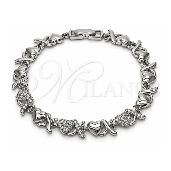 Pulsera Tennis 03.283.0265.1.07 Oro Laminado Blanco, Diseño de Besos y Abrazos y Corazón, con Zirconia Cubica Blanca, Pulido, Rodinado (Grosor 07.6 MM, 8 Pulgadas de Largo)