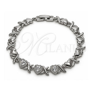 Pulsera Tennis 03.266.0058.2.07 Oro Laminado Blanco, Diseño de Besos y Abrazos y Corazón, con Zirconia Cubica Blanca y Micro Pave Blanca, Pulido, Rodinado (Grosor 08.3 MM, 8 Pulgadas de Largo)