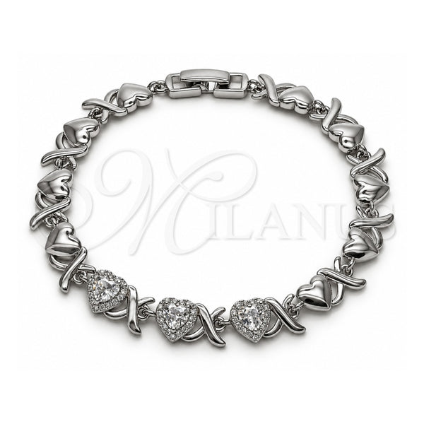 Pulsera Tennis 03.266.0058.2.07 Oro Laminado Blanco, Diseño de Besos y Abrazos y Corazón, con Zirconia Cubica Blanca y Micro Pave Blanca, Pulido, Rodinado (Grosor 08.3 MM, 8 Pulgadas de Largo)