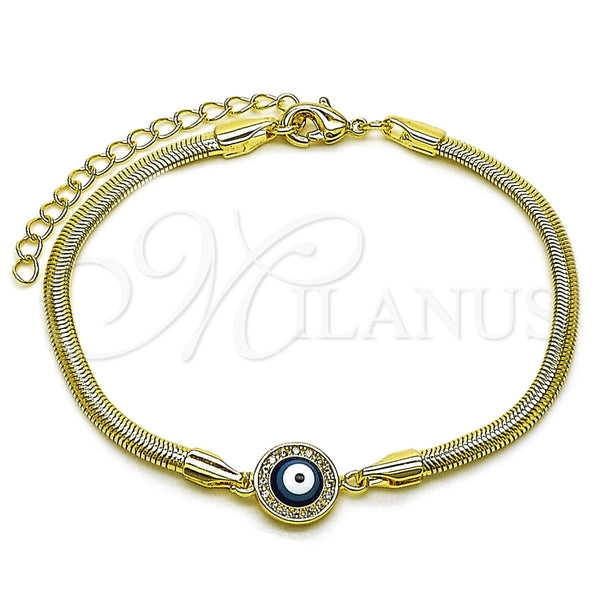 Pulsera Elegante 03.60.0177.07 Oro Laminado, Diseño de Ojo Griego y Cola de Raton, con Micro Pave Blanca, Esmaltado Azul, Tono Dorado (Grosor 03 MM, 7 Pulgadas de Largo)