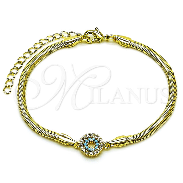 Pulsera Elegante 03.60.0178.07 Oro Laminado, Diseño de Ojo Griego y Cola de Raton, con Zirconia Cubica Turquoise y Blanca, Pulido, Tono Dorado (Grosor 03 MM, 7 Pulgadas de Largo)
