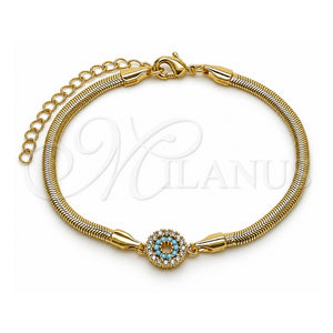 Pulsera Elegante 03.60.0178.07 Oro Laminado, Diseño de Ojo Griego y Cola de Raton, con Zirconia Cubica Turquoise y Blanca, Pulido, Tono Dorado (Grosor 03 MM, 7 Pulgadas de Largo)