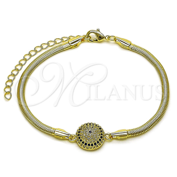 Pulsera Elegante 03.60.0179.07 Oro Laminado, Diseño de Ojo Griego y Cola de Raton, con Micro Pave Zafiro Azul y Blanca, Pulido, Tono Dorado (Grosor 03 MM, 7 Pulgadas de Largo)