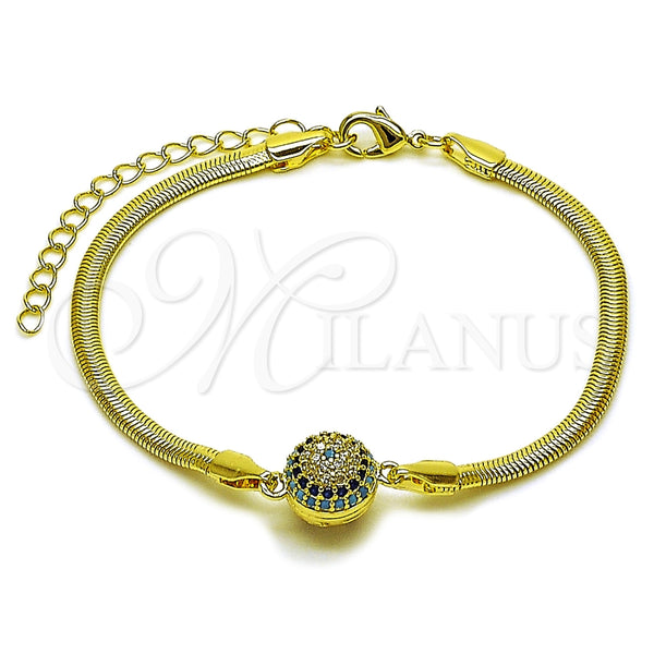 Pulsera Elegante 03.60.0181.07 Oro Laminado, Diseño de Ojo Griego y Bola, con Micro Pave Turquoise y Zafiro Azul, Pulido, Tono Dorado (Grosor 03 MM, 7 Pulgadas de Largo)