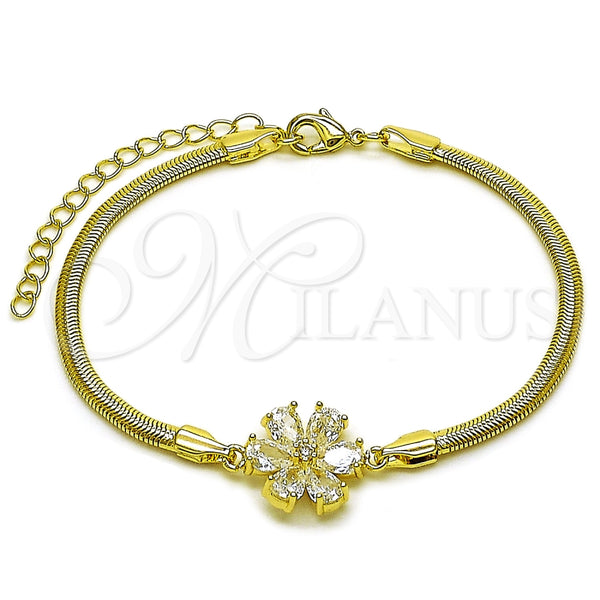Pulsera Elegante 03.60.0182.07 Oro Laminado, Diseño de Flor y Cola de Raton, con Zirconia Cubica Blanca, Pulido, Tono Dorado (Grosor 03 MM, 7 Pulgadas de Largo)