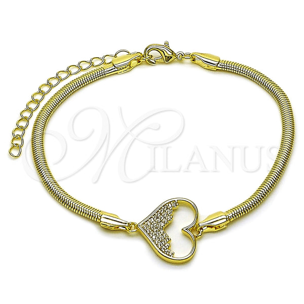 Pulsera Elegante 03.60.0183.07 Oro Laminado, Diseño de Corazón y Cola de Raton, con Micro Pave Blanca, Pulido, Tono Dorado (Grosor 03 MM, 7 Pulgadas de Largo)