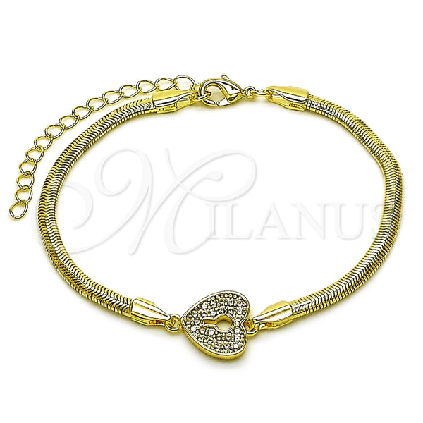 Pulsera Elegante 03.60.0184.07 Oro Laminado, Diseño de Corazón y Candado, con Micro Pave Blanca, Pulido, Tono Dorado (Grosor 03 MM, 7 Pulgadas de Largo)
