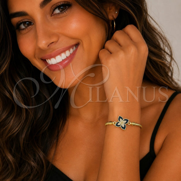 Pulsera Elegante 03.60.0185.07 Oro Laminado, Diseño de Trébol de Cuatro Hojas y Cola de Raton, con Micro Pave Blanca, Esmaltado Negro, Tono Dorado (Grosor 03 MM, 7 Pulgadas de Largo)