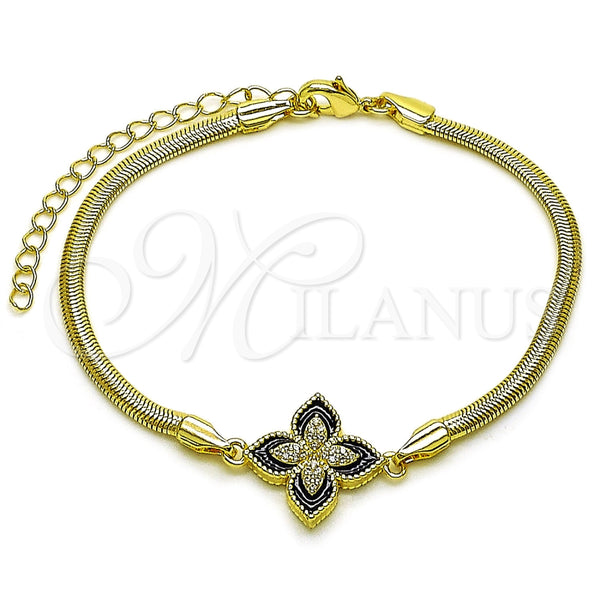 Pulsera Elegante 03.60.0185.07 Oro Laminado, Diseño de Trébol de Cuatro Hojas y Cola de Raton, con Micro Pave Blanca, Esmaltado Negro, Tono Dorado (Grosor 03 MM, 7 Pulgadas de Largo)