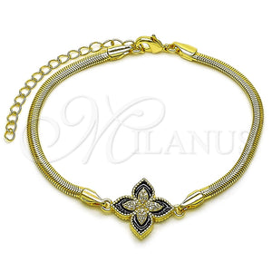 Pulsera Elegante 03.60.0185.07 Oro Laminado, Diseño de Trébol de Cuatro Hojas y Cola de Raton, con Micro Pave Blanca, Esmaltado Negro, Tono Dorado (Grosor 03 MM, 7 Pulgadas de Largo)