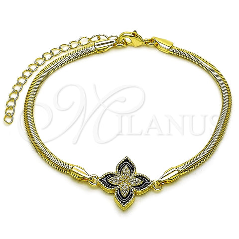 Pulsera Elegante 03.60.0185.07 Oro Laminado, Diseño de Trébol de Cuatro Hojas y Cola de Raton, con Micro Pave Blanca, Esmaltado Negro, Tono Dorado (Grosor 03 MM, 7 Pulgadas de Largo)