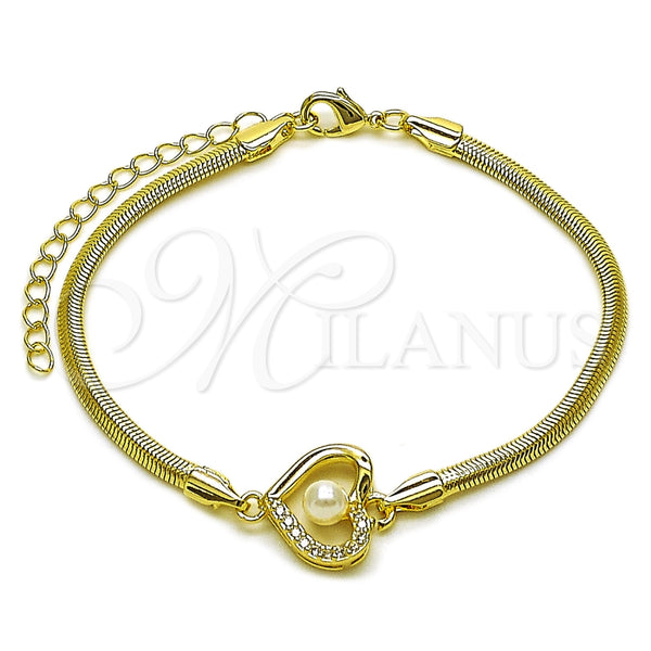Pulsera Elegante 03.60.0186.07 Oro Laminado, Diseño de Corazón y Cola de Raton, con Zirconia Cubica Blanca y Perla Marfil, Pulido, Tono Dorado (Grosor 03 MM, 7 Pulgadas de Largo)