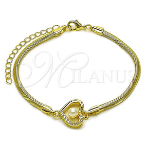 Pulsera Elegante 03.60.0186.07 Oro Laminado, Diseño de Corazón y Cola de Raton, con Zirconia Cubica Blanca y Perla Marfil, Pulido, Tono Dorado (Grosor 03 MM, 7 Pulgadas de Largo)