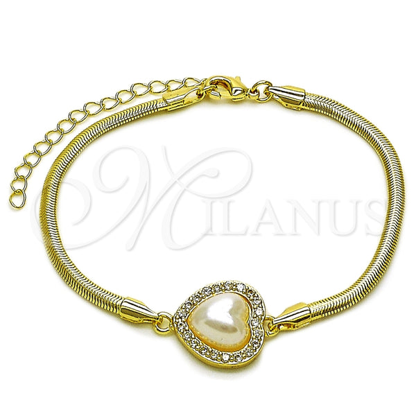 Pulsera Elegante 03.60.0187.07 Oro Laminado, Diseño de Corazón y Cluster, con Perla Marfil y Zirconia Cubica Blanca, Pulido, Tono Dorado (Grosor 03 MM, 7 Pulgadas de Largo)