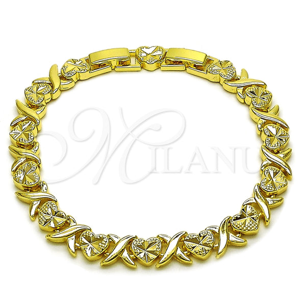 Pulsera Solida 03.60.0190.07 Oro Laminado, Diseño de Corazón y Besos y Abrazos, Diamantado, Tono Dorado (Grosor 07.8 MM, 8 Pulgadas de Largo)