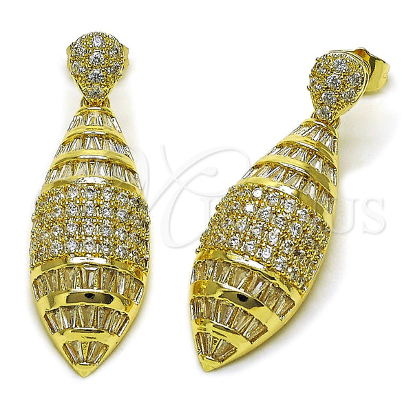 Arete Colgante 02.283.0434 Oro Laminado, Diseño de Baguette y Gota, con Zirconia Cubica Blanca, Pulido, Tono Dorado