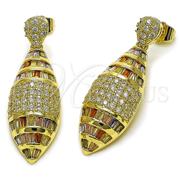 Arete Colgante 02.283.0434.1 Oro Laminado, Diseño de Baguette y Gota, con Zirconia Cubica Multicolor y Blanca, Pulido, Tono Dorado