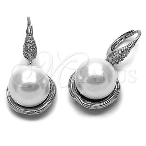 Arete Colgante 02.438.0012 Rodio Laminado, Diseño de Bola y Gota, con Perla Marfil y Micro Pave Blanca, Pulido, Rodinado