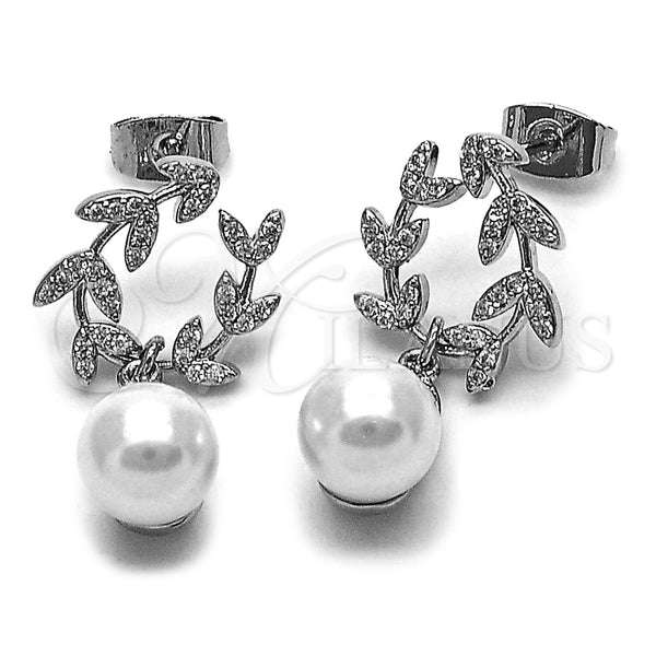 Arete Colgante 02.438.0013 Oro Laminado, Diseño de Oja y Bola, con Perla Marfil y Micro Pave Blanca, Pulido, Tono Dorado