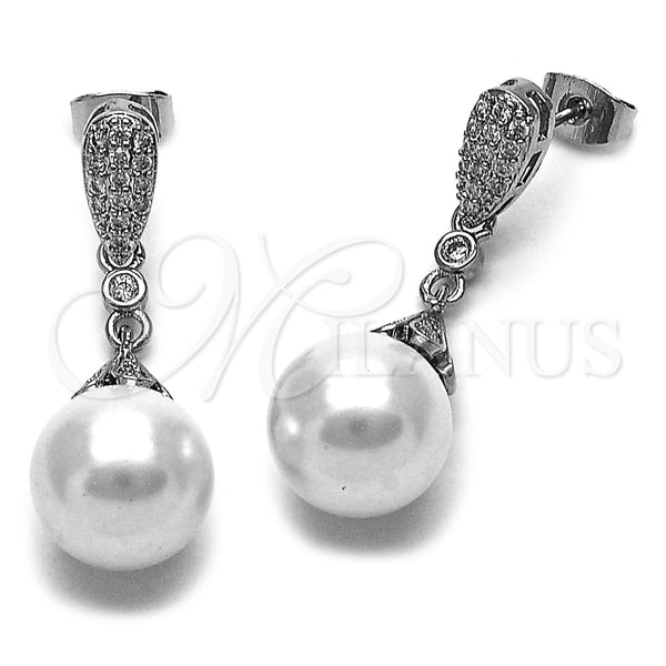 Arete Largo 02.438.0016 Rodio Laminado, Diseño de Gota y Bola, con Perla Marfil y Micro Pave Blanca, Pulido, Rodinado