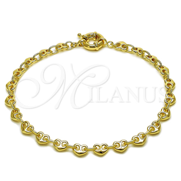 Tobillera Elegante 03.415.0027.10 Oro Laminado, Diseño de Corazón, Pulido, Tono Dorado (Grosor 06 MM, 10 Pulgadas de Largo)