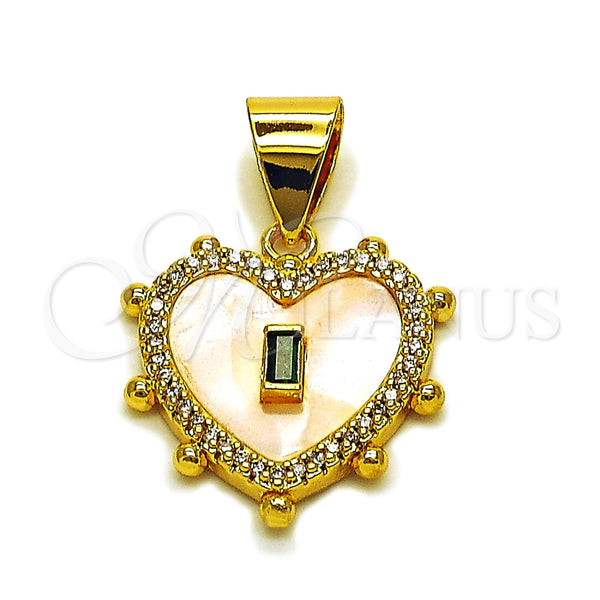 Dije Elegante 05.342.0277 Oro Laminado, Diseño de Corazón y Baguette, con Madre Perla Marfil y Zirconia Cubica Verde, Pulido, Tono Dorado