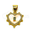 Dije Elegante 05.342.0277 Oro Laminado, Diseño de Corazón y Baguette, con Madre Perla Marfil y Zirconia Cubica Verde, Pulido, Tono Dorado